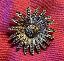 Beautiful, old, vintage marcasite stone flower-shaped silver brooch, pin marked 830 s