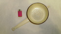 Old, enameled pasta strainer with handle - butter color