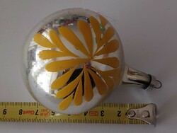 Old glass Christmas tree ornament yellow patterned silver ball glass ornament