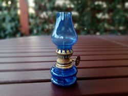 Petróleum lámpa- mini méret- kék üveg dekoráció- vintage