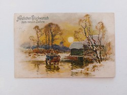 Régi újévi képeslap 1912 levelezőlap havas táj szekér