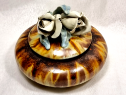 Painted glazed ceramic bonbonier, with a plastic rose holder, with a ceramic marking pressed into the mass.