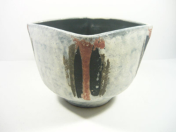 Gorka livia, retro 1960 white pot with stripes 16.8 Cm artistic ceramics, flawless! (G199)