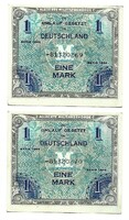 2 x 1 márka 1944 Német 8 jegyű sorszám katonai bankjegy Sorszámkövető pár