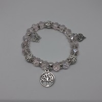 Bracelet with shambala pearls, butterfly, tree of life and heart pendants