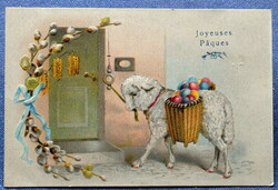 Antik dombornyomott Húsvéti üdvözlő litho képeslap  bárány kosár tojással ajtónál csenget