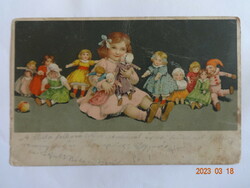 Régi, antik grafikus képeslap: kislány babákkal