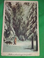 Antik cc.1950. Karácsonyi üdvözlet - Gönczi Tibor rajza által téli táj képeslap a képek szerint