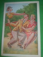 Antik 1920-30. Kaszás Jámbor humoros képeslap : Magzavart idill képek szerint Barasits