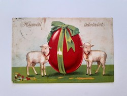 Régi húsvéti képeslap 1935 rajzos levelezőlap bárányok piros tojás