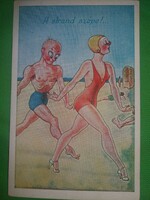 Antik 1920-30. Kaszás Jámbor humoros képeslap :A strand szépe képek szerint Barasits