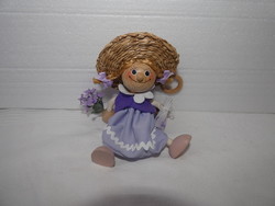 Wooden doll - lavender straw hat girl 15cm - with spring hanger