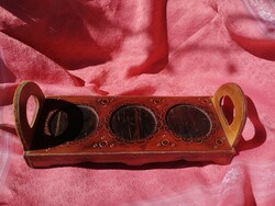 Antique leather decorated wooden tray, cup holder