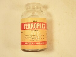 Old retro ferroplex dragee glass bottle biogal pharmaceutical factory in Debrecen - 1980s