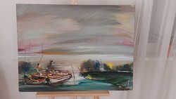 (K) Temesi András tájkép festmény Balaton 80x60 cm