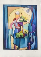 Vinkó Leó - Kubista csendélet (színek bűvöletében) 32,5 x 24,5 cm computerprint, merített papír