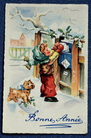 Old l'andré New Year's graphic greeting card small child dog winter landscape letter