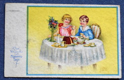 Old name day greeting graphic postcard, children at the table, Kuglóf bouquet of flowers