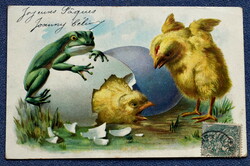 Antik dombornyomott  Húsvéti üdvözlő  litho képeslap rémült csibék  tojás béka