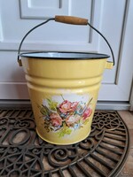 Beautiful Yellow Hand Painted Floral Enamel Bucket Bucket Heirloom Antique Nostalgia