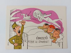 Retro katonai karikatúra képeslap Pusztai Pál rajza levelezőlap