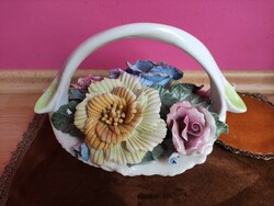 Romanian Porcelain Rose and Violet Flower Basket Large Vintage Decor