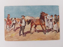 Régi lovas képeslap művészeti levelezőlap Benyovszky Hortobágy puszta Lóvásár