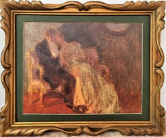 Antik festmény Pihenő Pár c. olajfestmény szignált lásd fotó ( Méray, Mérey??)