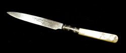 Antique fruit peeling knife with mother-of-pearl handle, knurled blade, silver ring