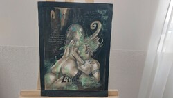 (K) on shield, erotic painting 18+ 34x42 cm + poem