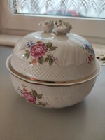 Hollóházi rózsa és hajnalka mintás fedeles kerek porcelán bonbonier nagyméretű