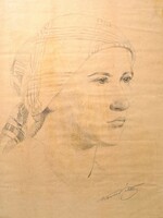 Female portrait - marked pencil drawing (graphite) Péter Kovács?