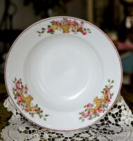 Antik porcelán, rózsás virágkosár mintás mély tányér, falitányér