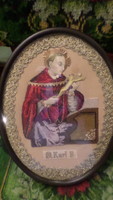 36 cm high, 28 cm wide, in an oval frame, very beautiful, old, pearl-embroidered saint image.