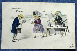 Antik  Húsvéti üdvözlő  kézzel színezett képeslap  csirke úr és hölgy barkával barkaárus csikre
