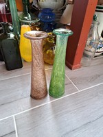 Ritka  Gyönyörű karcagi berekfürdői fátyolüveg repesztett fátyol váza zöld barna
