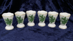 Set of 6 Herend green Apponyi av patterned half glasses, brandy, short drink flawless porcelain glasses