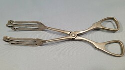 Antique silver serving dish, meat tongs