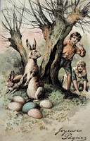 Antik dombornyomott Húsvéti üdvözlő litho képeslap  fánál bujócskázó gyerekek nyuszik tojás