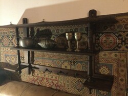 Nice wall shelf of German pewter type, spice glass, mug holder