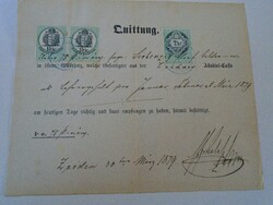 Za427.12 Old document - receipt - quittung - zeiden - black heap - 1879 - 75 frt duty stamps