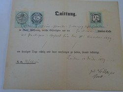 Za427.5 Old document - receipt - quittung - zeiden - black pile - 1879 - 26 frt 25 kr duty stamps