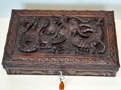 Antique Far Eastern wooden box with carved dragon, jewelry box