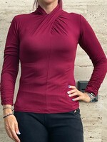 Burgundy long-sleeved top with special neck, ruched sleeves