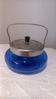 Cobalt blue glass/metal sugar bowl, metal rim and embossed lid+handle, flawless