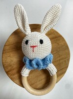 Hand crocheted bunny boy with wooden tongs
