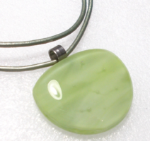 Marble pebble green handmade glass pendant with stainless steel, roller leather chain, gift earrings