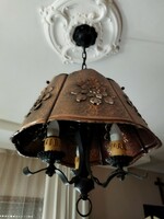Large, wrought iron - red copper, three-candle chandelier