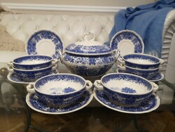 Villeroy&Boch Burgenland, kék-fehér kerámia étkészlet, leveses, levestál, csészék, jelenetes