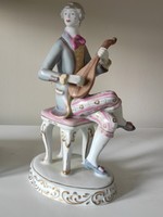 Hóllóháza porcelain statue of a baroque musician boy playing the mandolin